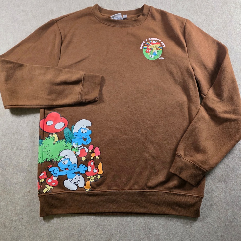 The Smurfs 65th Anniversary Sweatshirt Brown Graphic Pullover Crew Neck Medium